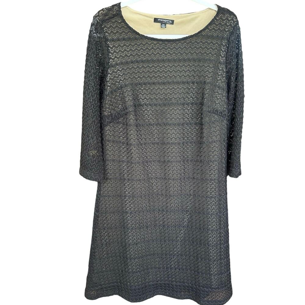 Sharagano Woman Dress 14W Black Lace Nude Lined 3/4 Sleeve Cocktail Plus Size - Picture 2 of 6